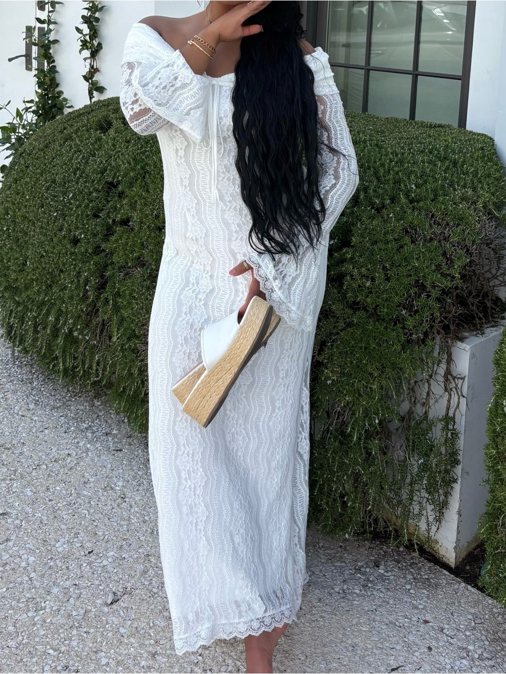 Off-Shoulder White Lace Maxi Dress with Bell Sleeves and Tie Front